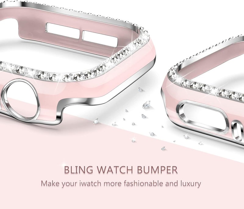 XYF Compatible for Pink Apple Watch Bands 44mm 45mm 46mm 42mm 45mm 40mm 38mm 49mm Women with Bumper Case, Silicone Strap Glitter Bling Face Cover for iWatch SE Ultra 3 2 Series 11 10 9 8 7 6 5 4 3 2 1 - Image 4